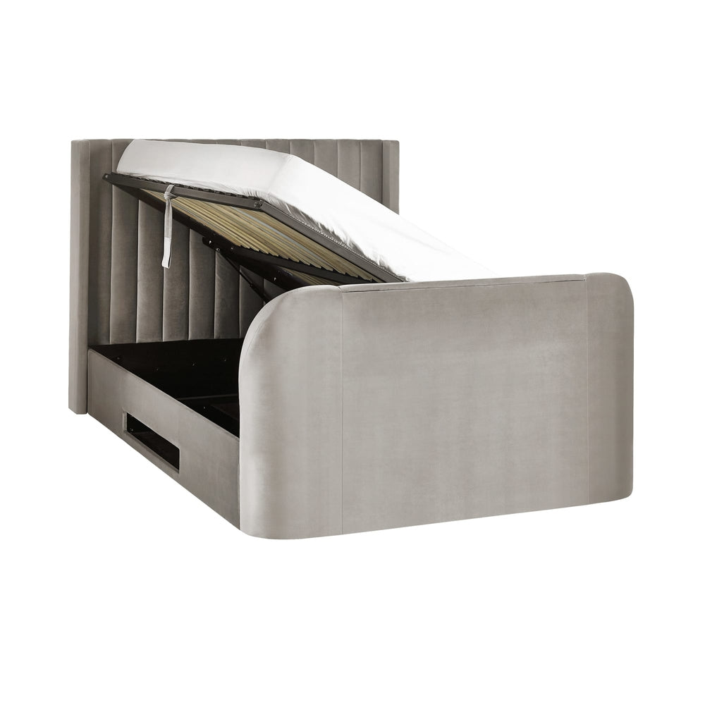 Gray upholstered bed with pull-out mechanism on a white background | Light Grey