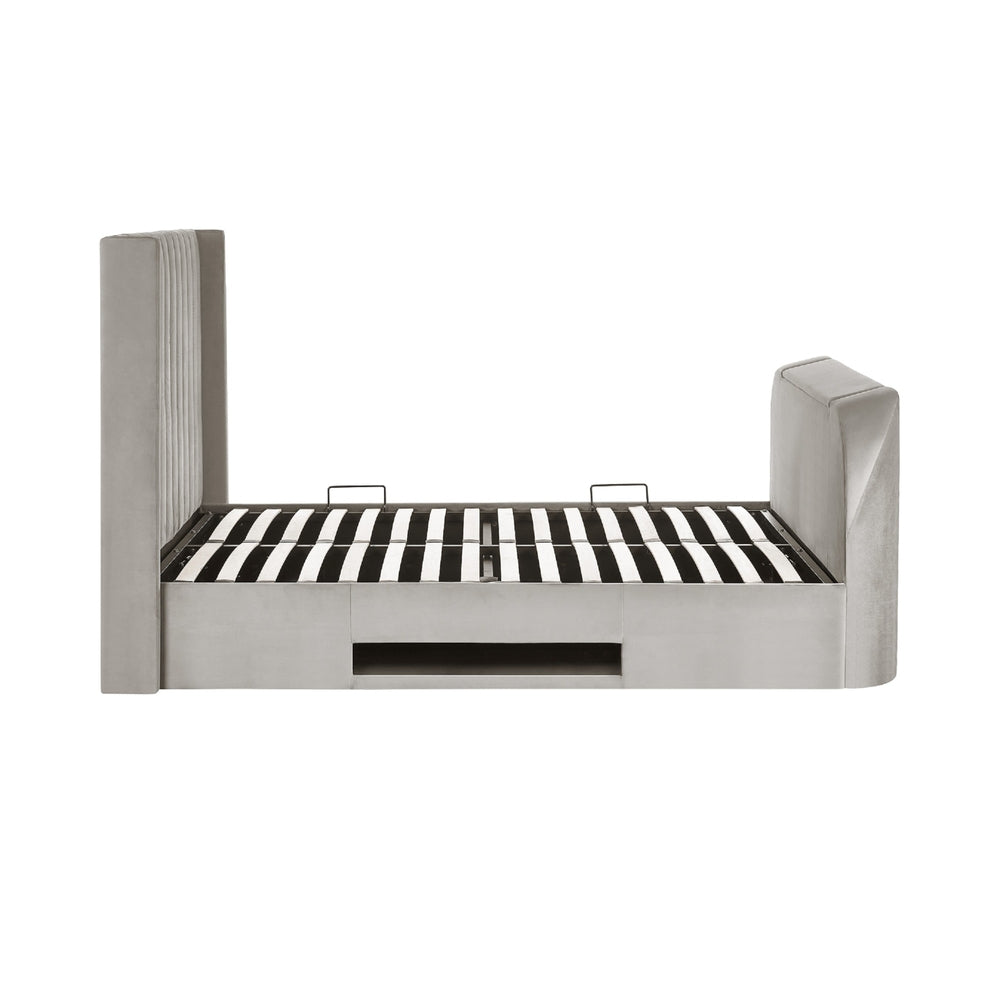 Modern bed frame with striped mattress on a white background | Light Grey