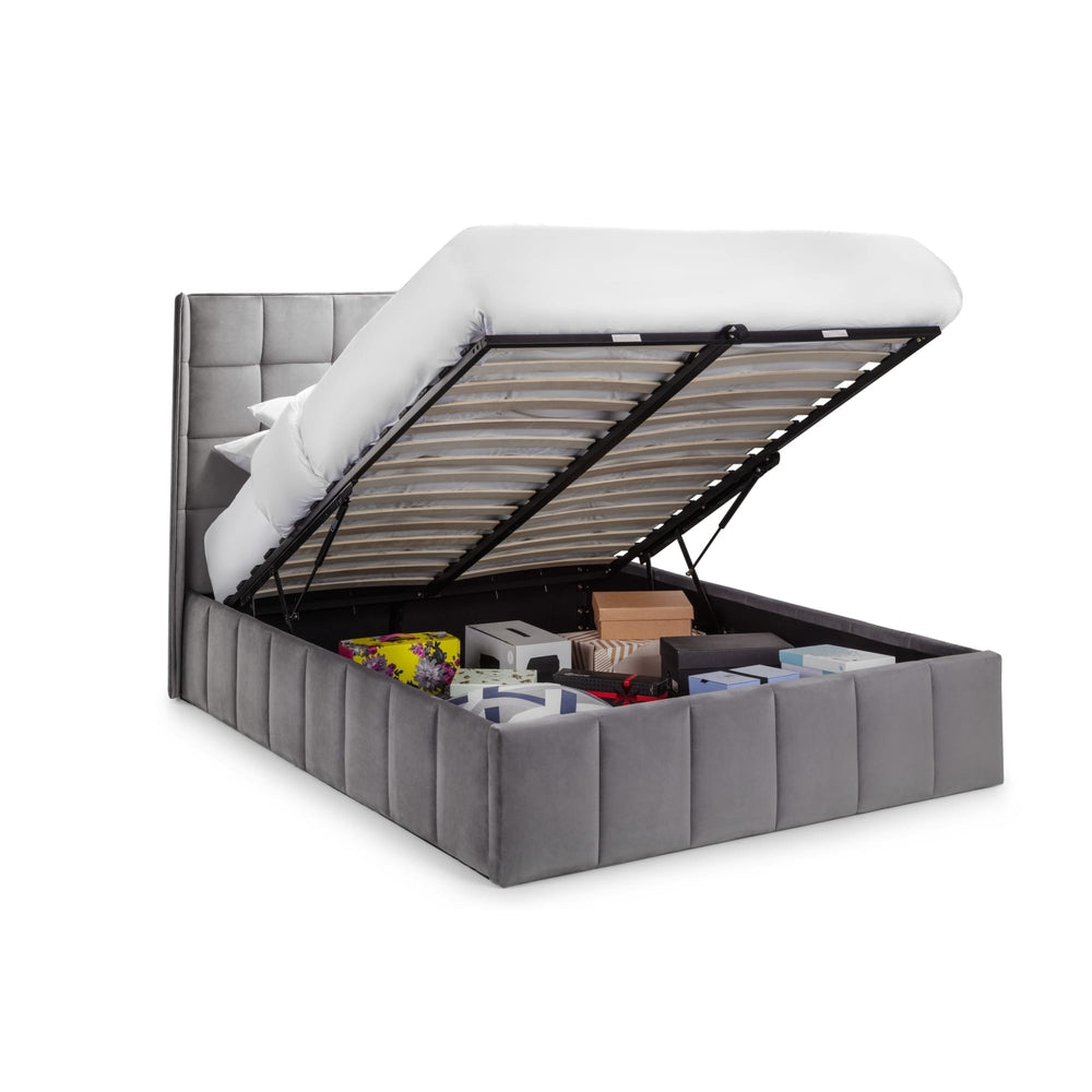 Gray upholstered bed with open storage compartment on a white background | Grey Velvet