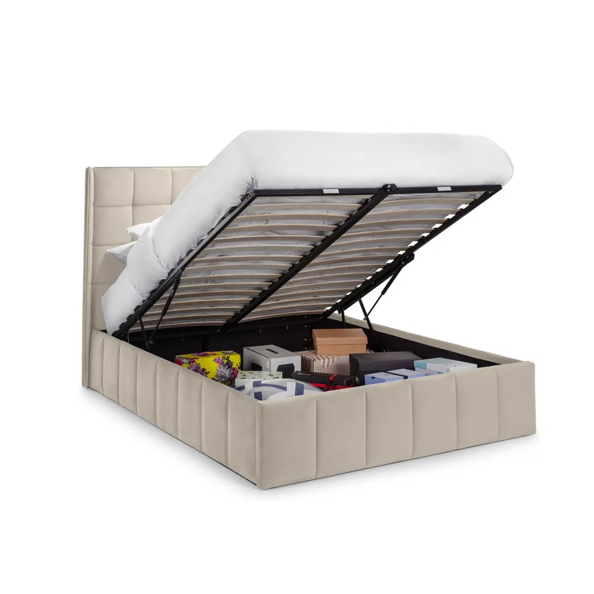 Beige upholstered bed with open storage compartment on a white background | Cream Velvet