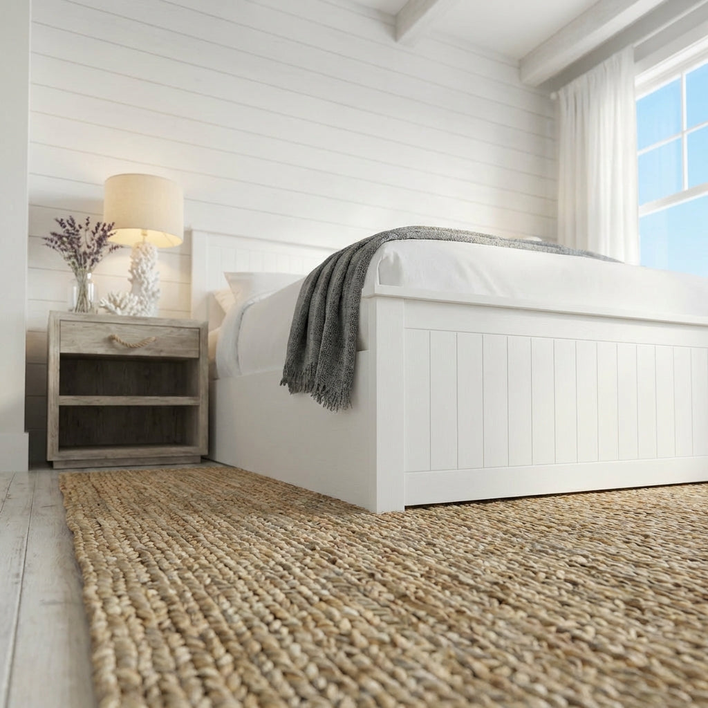 Bedroom with white bed, wooden nightstand, and woven rug | Surf White