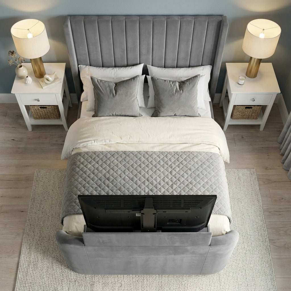 Gray upholstered bed with hidden TV in a bedroom setting | Dark Grey