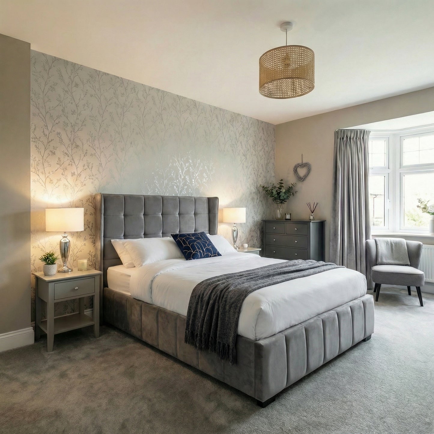 Grey Gatsby Bed front left angle | Grey Velvet