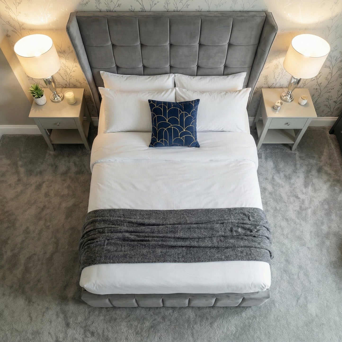 Grey Gatsby Bed front top down angle | Grey Velvet