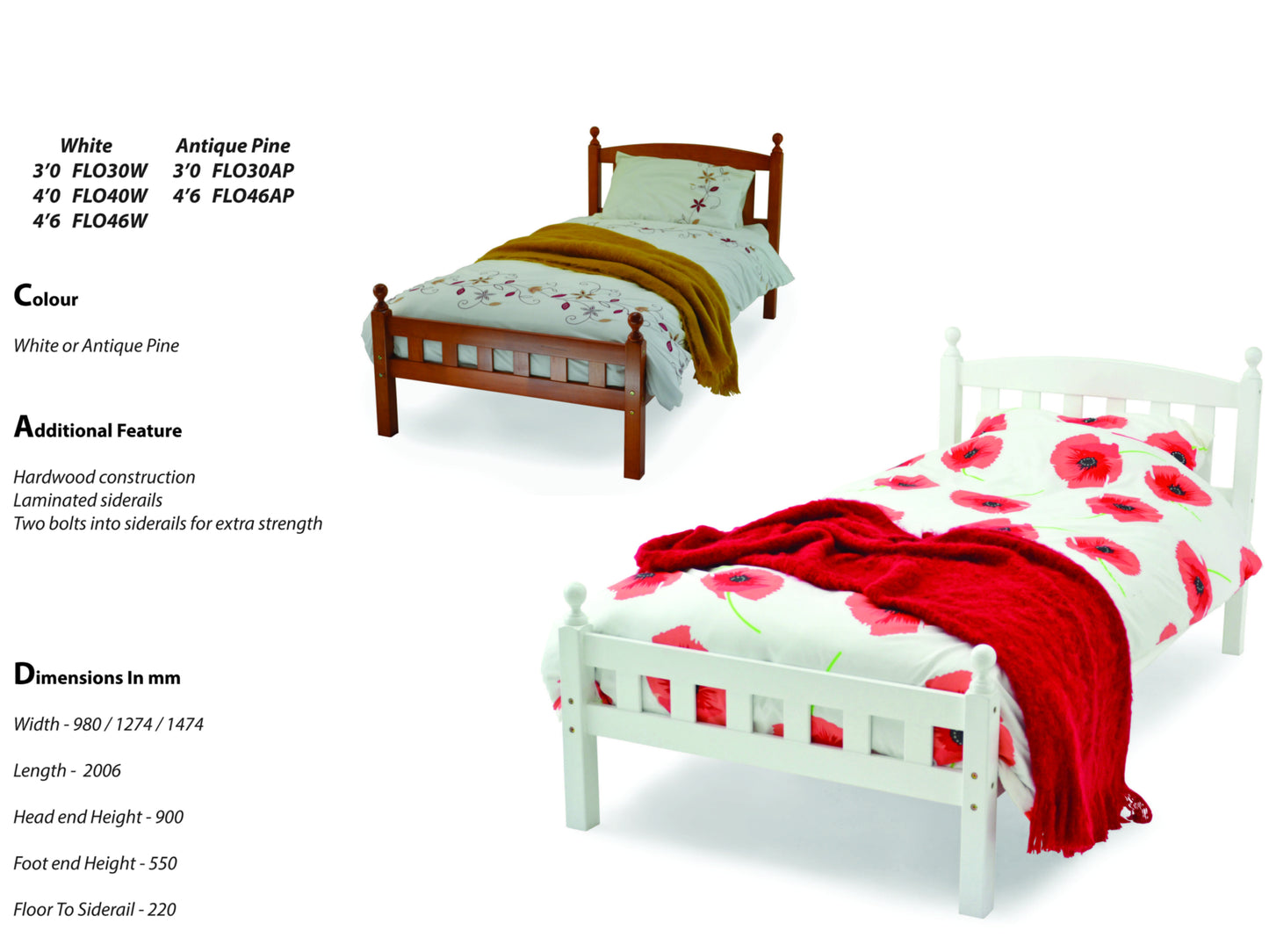 Florida Wooden Bed Frame in Antique Pine