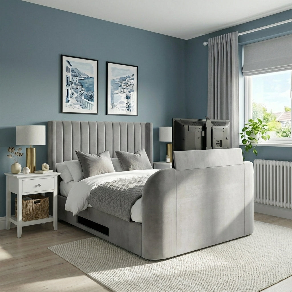 Modern bedroom with gray upholstered bed, nightstands, and decor | Light Grey