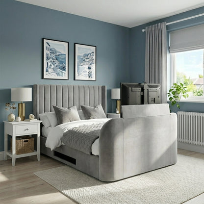 Modern bedroom with gray upholstered bed, nightstands, and decor | Light Grey