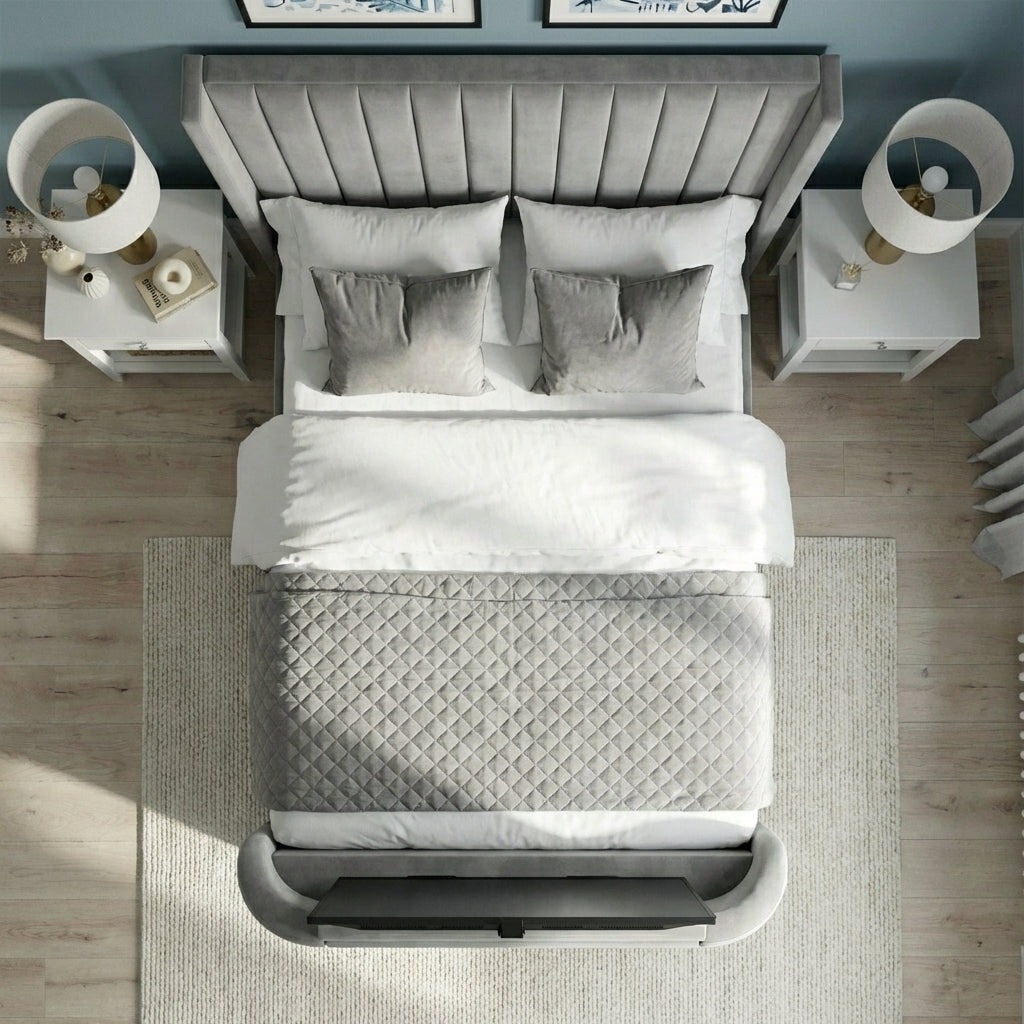 Top-down view of a neatly made bed with gray bedding in a bedroom setting | Light Grey