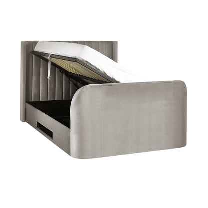 Gray upholstered bed with pull-out mechanism on a white background | Light Grey