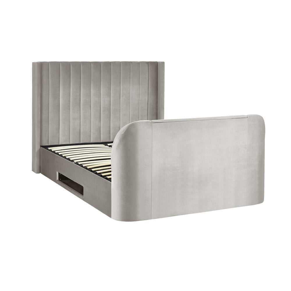 Gray upholstered bed with headboard on a white background | Light Grey