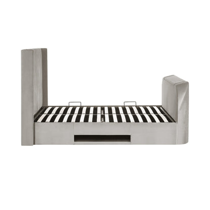Modern bed frame with striped mattress on a white background | Light Grey