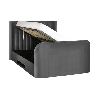 Gray upholstered bed with open storage compartment on a white background | Dark Grey