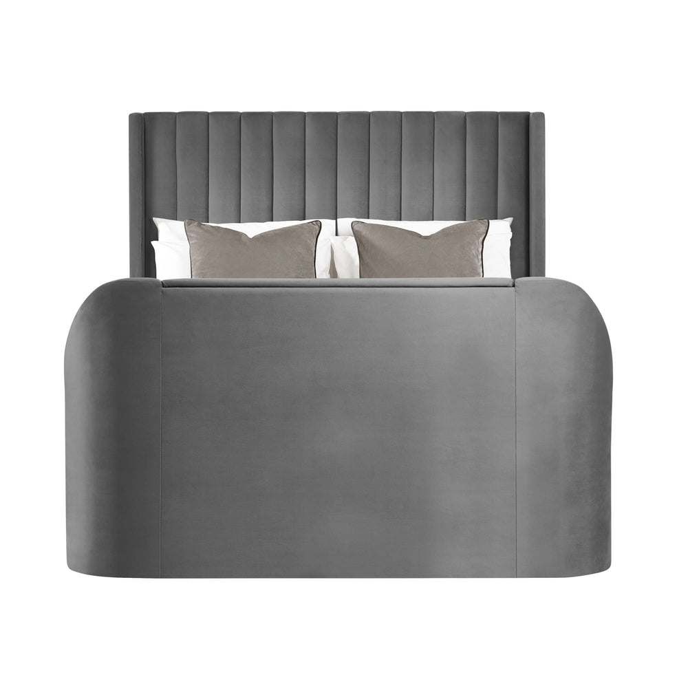 Gray upholstered bed with tufted headboard on a white background | Dark Grey