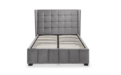 Gray upholstered bed with tufted headboard on a white background | Grey Velvet