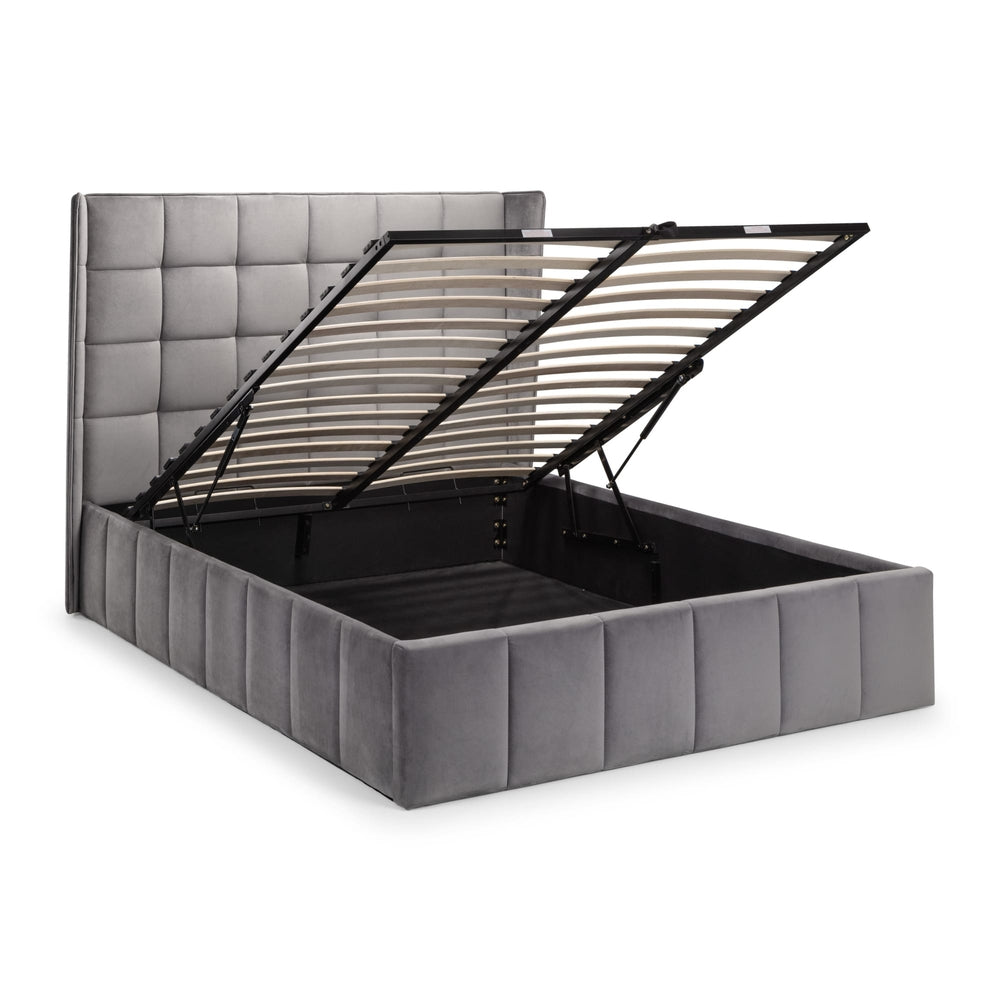 Gray upholstered bed with open storage compartment on a white background | Grey Velvet 