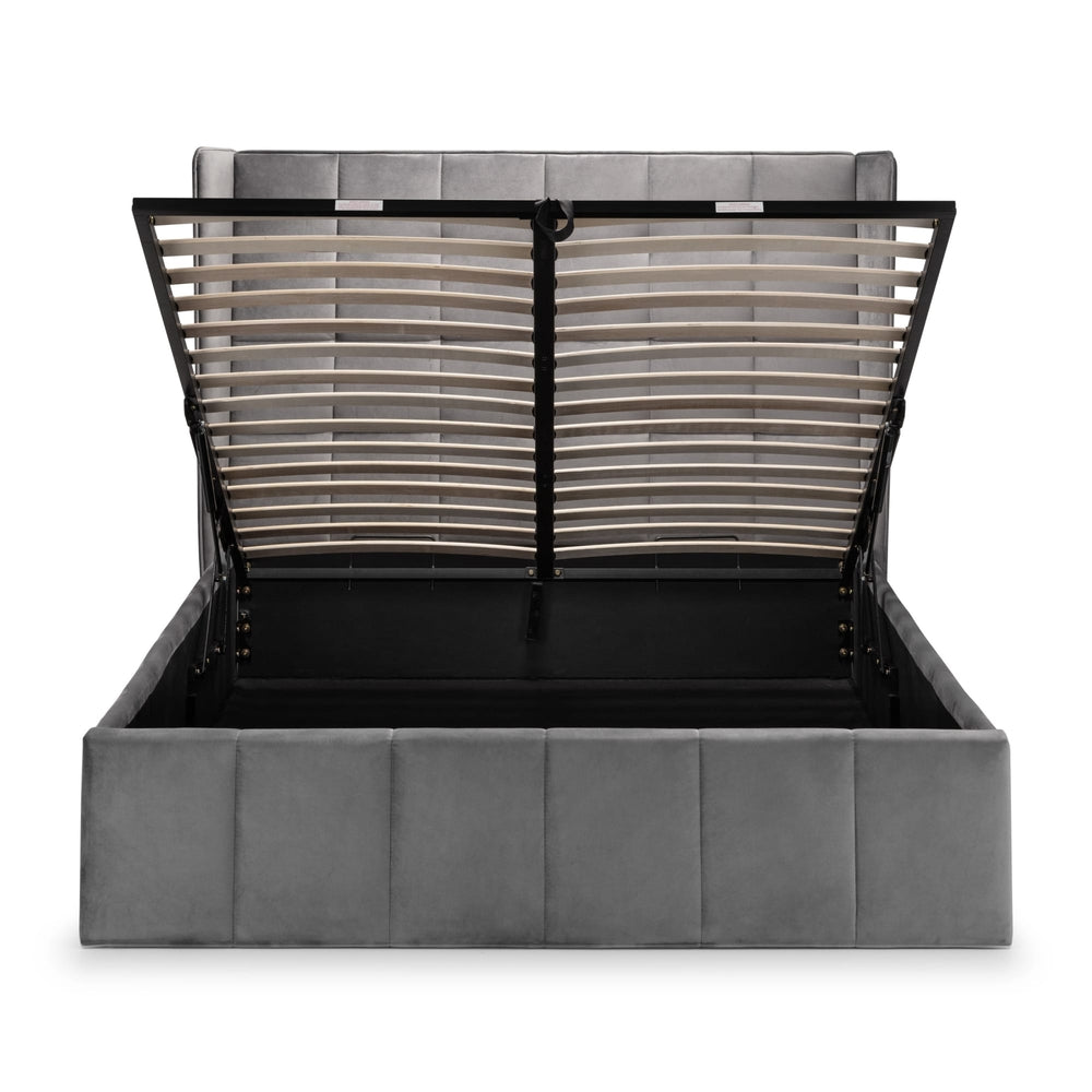 Gray upholstered bed with wooden slat headboard on a white background | Grey Velvet 