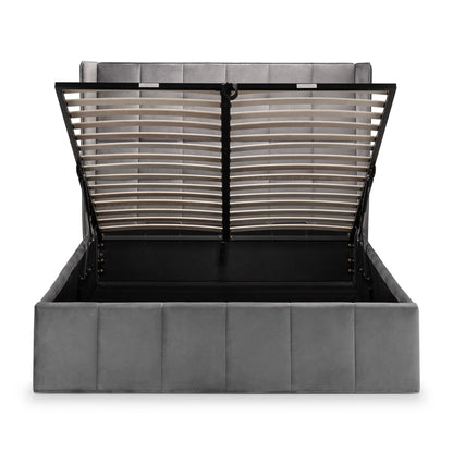 Gray upholstered bed with wooden slat headboard on a white background | Grey Velvet 