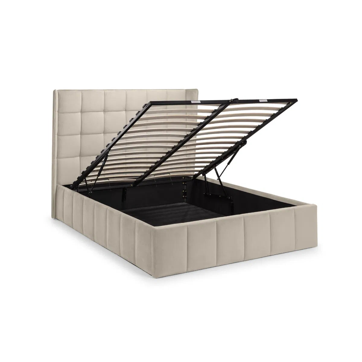 Beige upholstered bed with open storage compartment on a white background | Cream Velvet