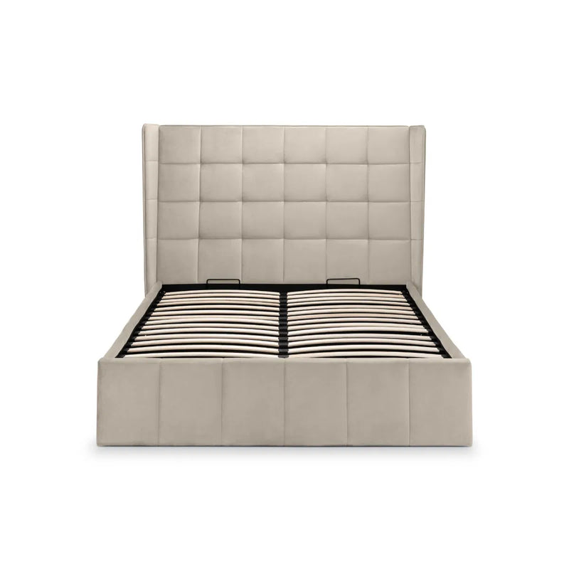 Beige upholstered bed frame with a tufted headboard on a white background | Cream Velvet