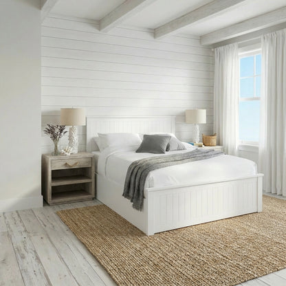 Bedroom with white bed, nightstands, and a window with curtains | Surf White