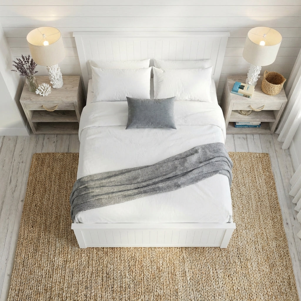 Bedroom with a neatly made bed, nightstands, and lamps | Surf White