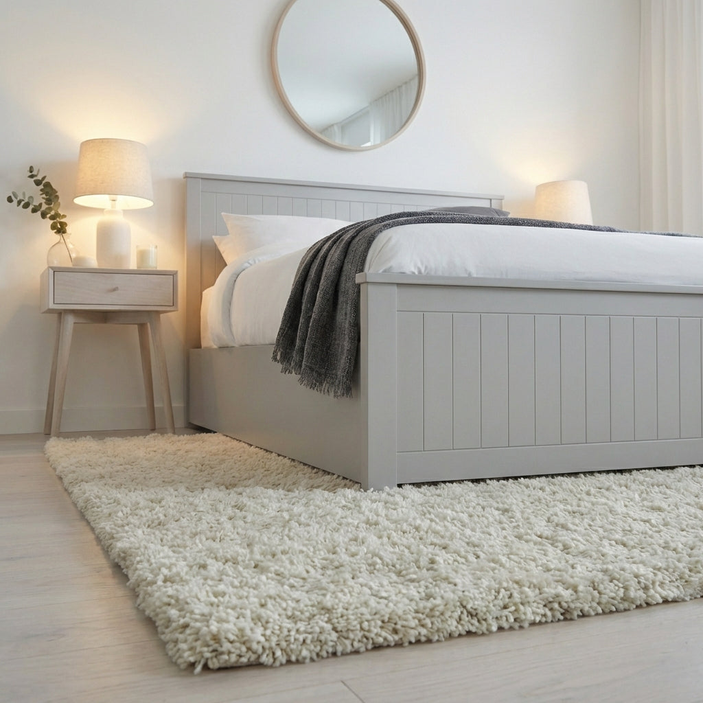 Neatly made bed with gray headboard and white bedding in a bedroom setting | Dove Grey