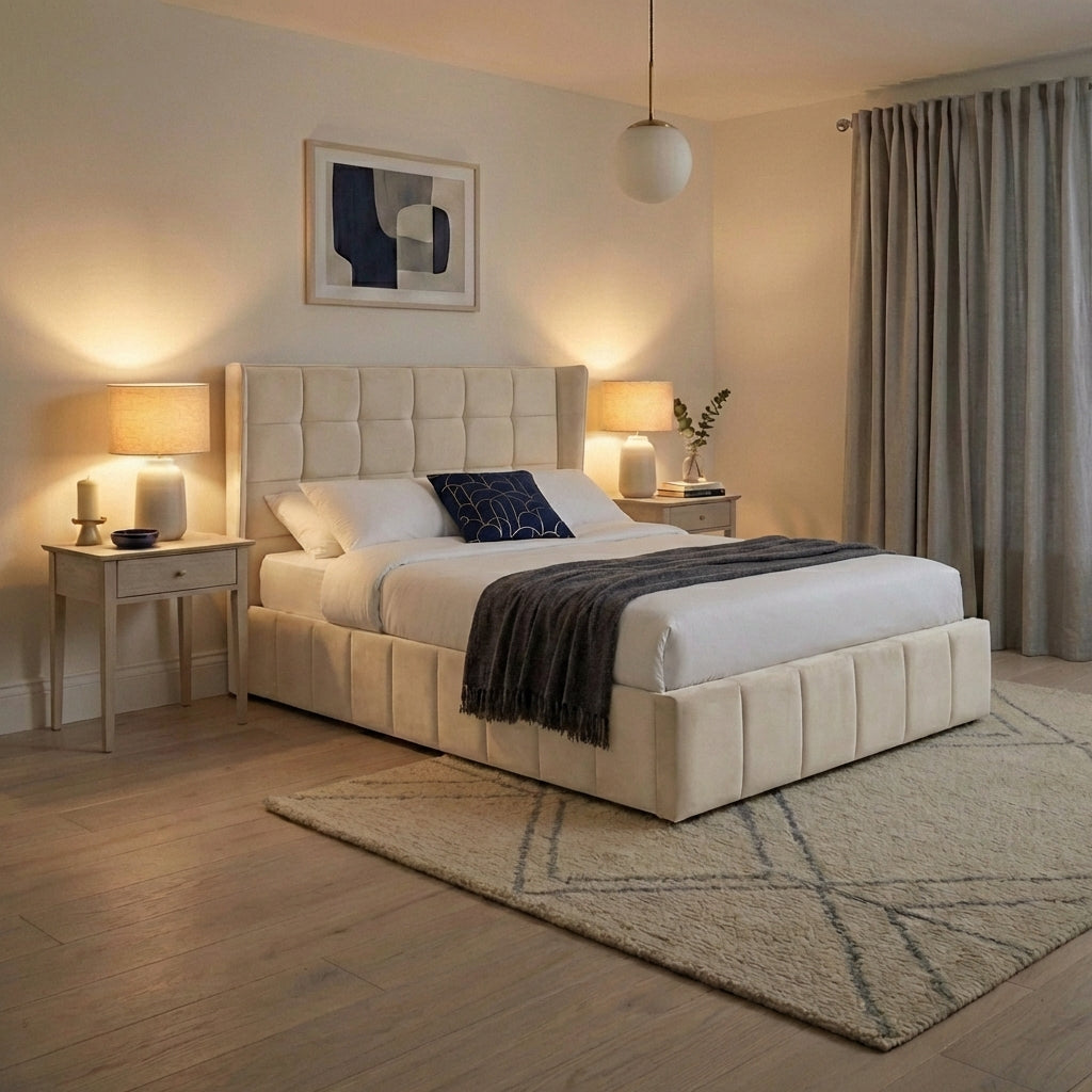 Modern bedroom with a beige upholstered bed, side tables, and decorative elements | Cream Velvet 