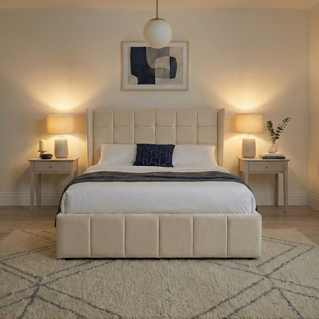 Neatly made bed in a bedroom with two side tables and lamps | Cream Velvet 