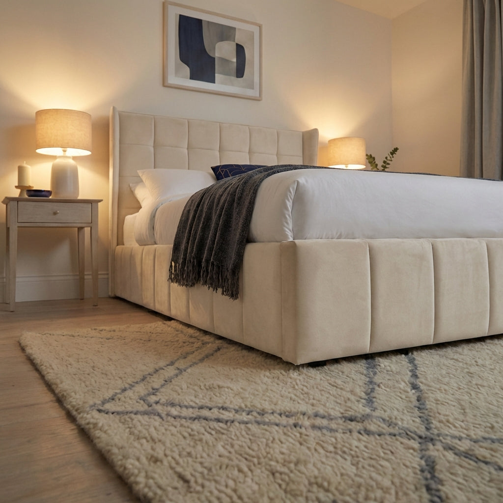 Neatly made bed with beige headboard in a bedroom setting | Cream Velvet 