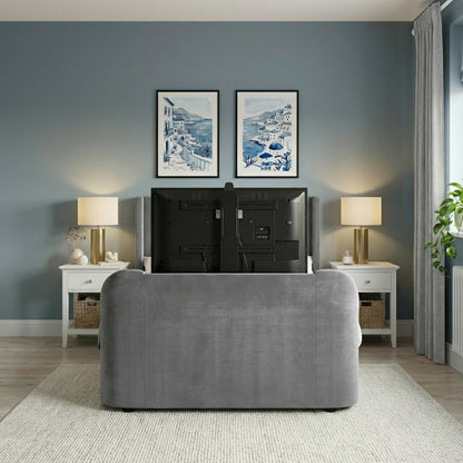 Modern living room with gray sofa, television, and decorative elements | Dark Grey