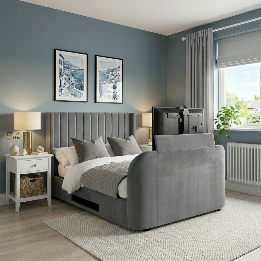 Modern bedroom with gray upholstered bed and matching sofa, side table, and decor | Dark Grey