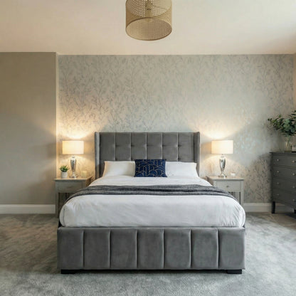 Modern bedroom with a gray upholstered bed, nightstands, and decorative elements Grey Gatsby Bed front left angle | Grey Velvet