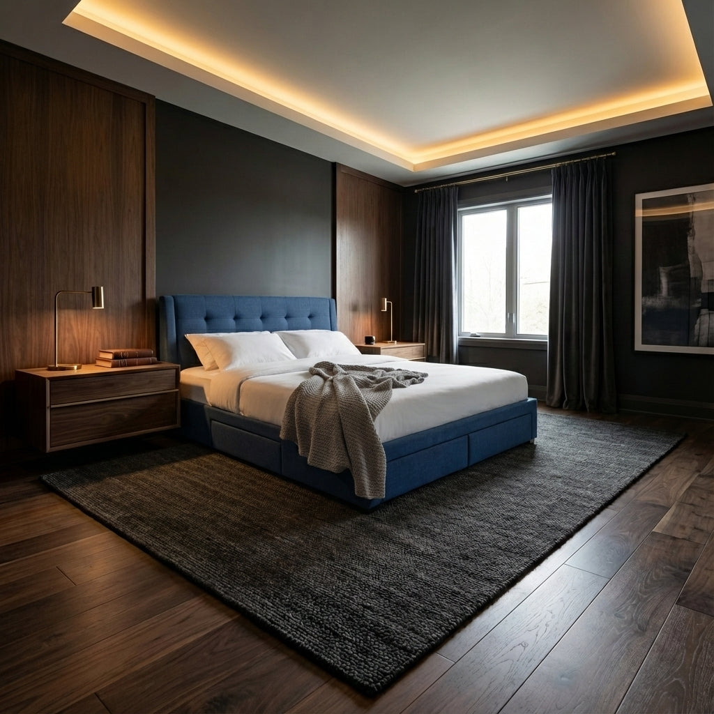Modern bedroom with a blue bed and wooden furniture | Blue