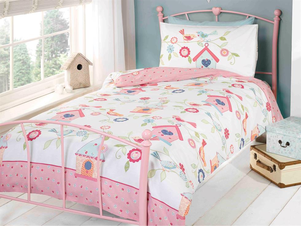 Bird Houses Childrens Bedding Set Pink