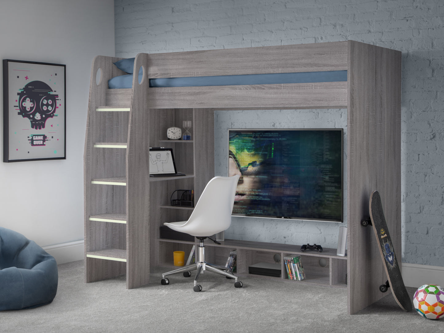 Nebula Gaming Bed with Desk in Grey Oak