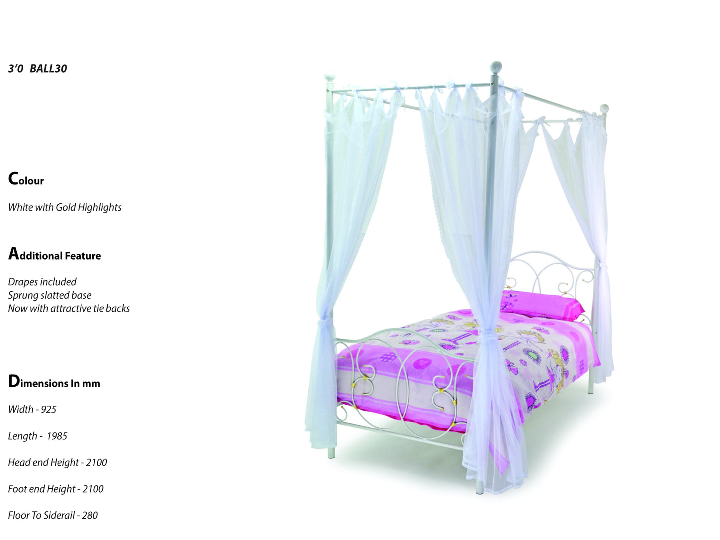 Ballroom Four Poster Metal Bed in White