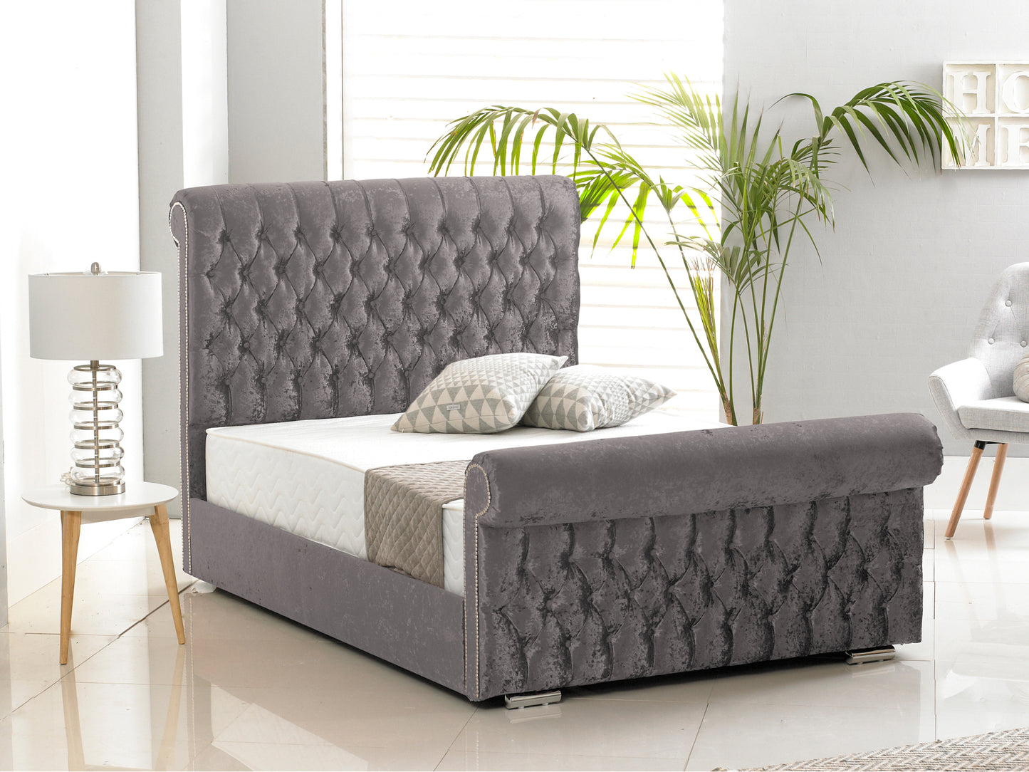 Buckingham Luxury Bed Frame in Crushed Velvet Charcoal