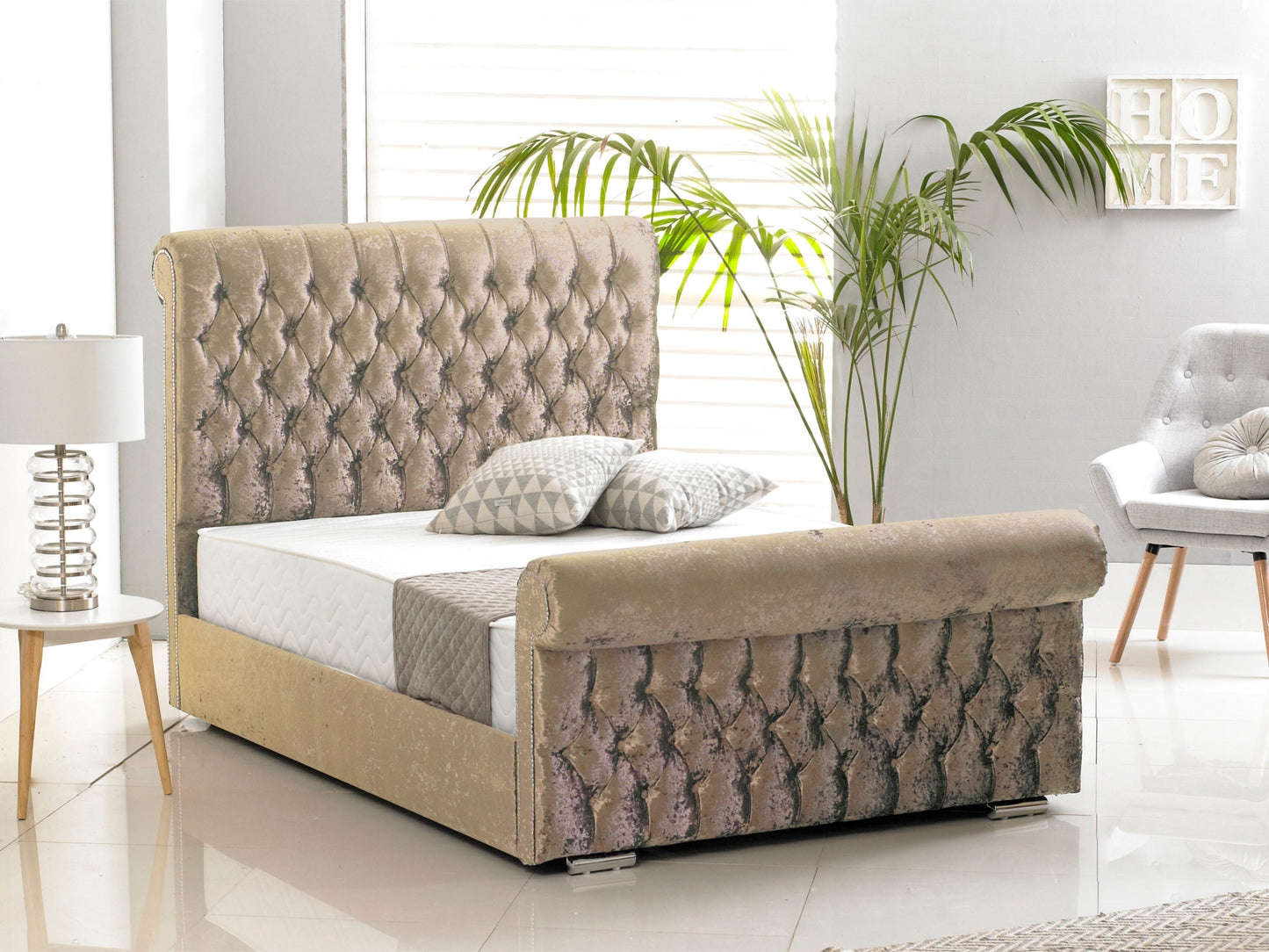 Buckingham Luxury Bed Frame in Crushed Velvet Mink