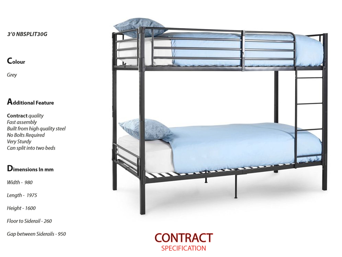 Bunkit Heavy Duty Split Metal Bunk Bed in Grey