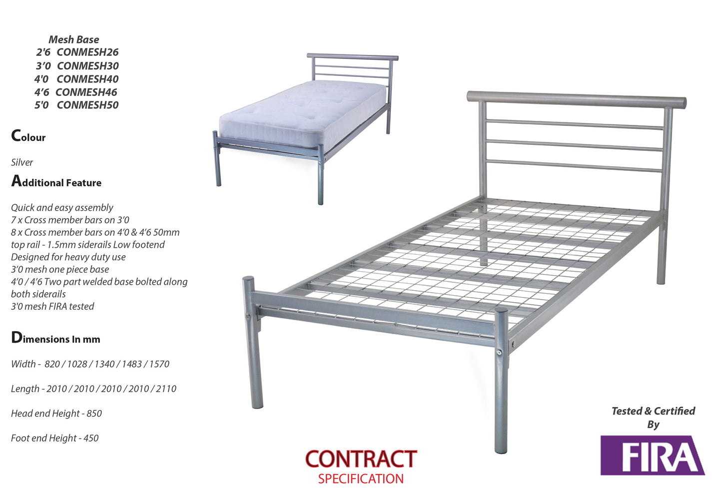 Contract Mesh Heavy Duty Metal Bed Frame in Silver