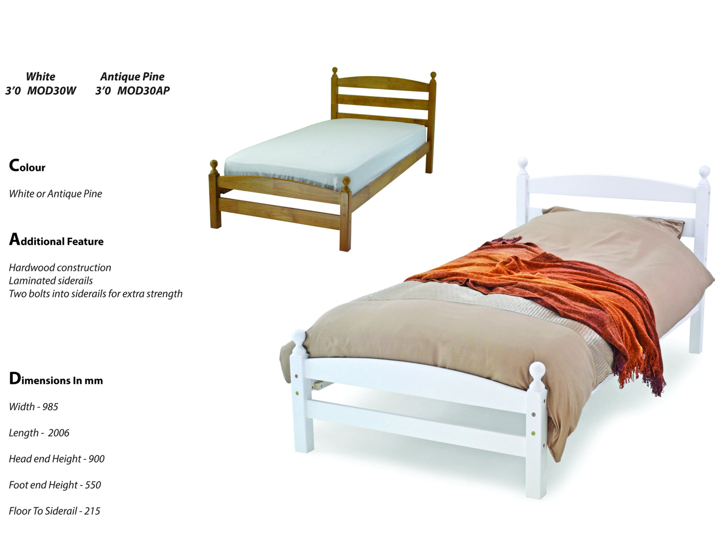 Modella Wooden Bed Frame in White