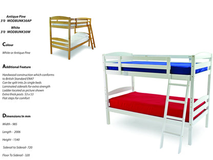 Modella Wooden Bunk Bed in White