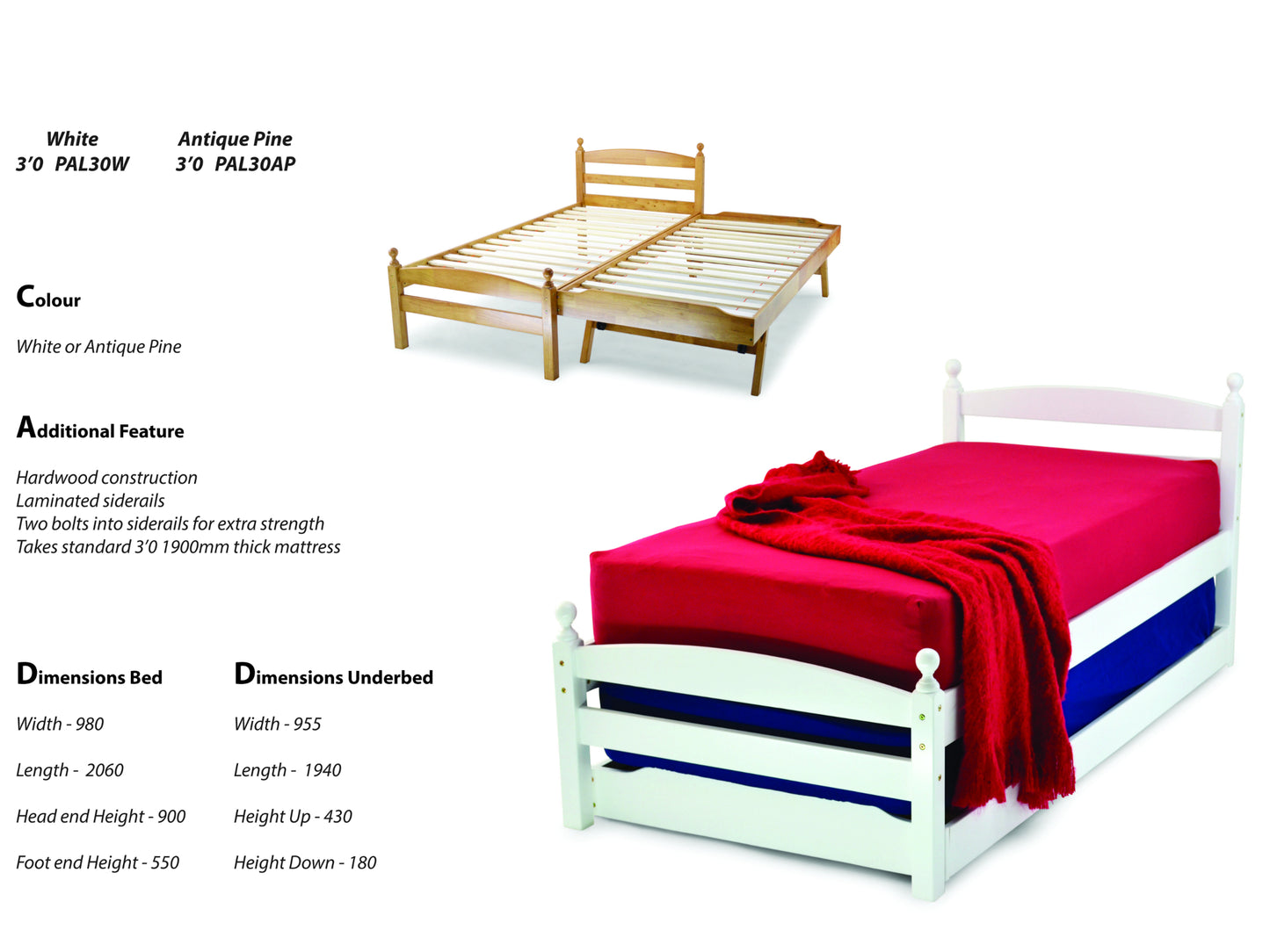 Palma Wooden Bed Frame with Guest Bed in White