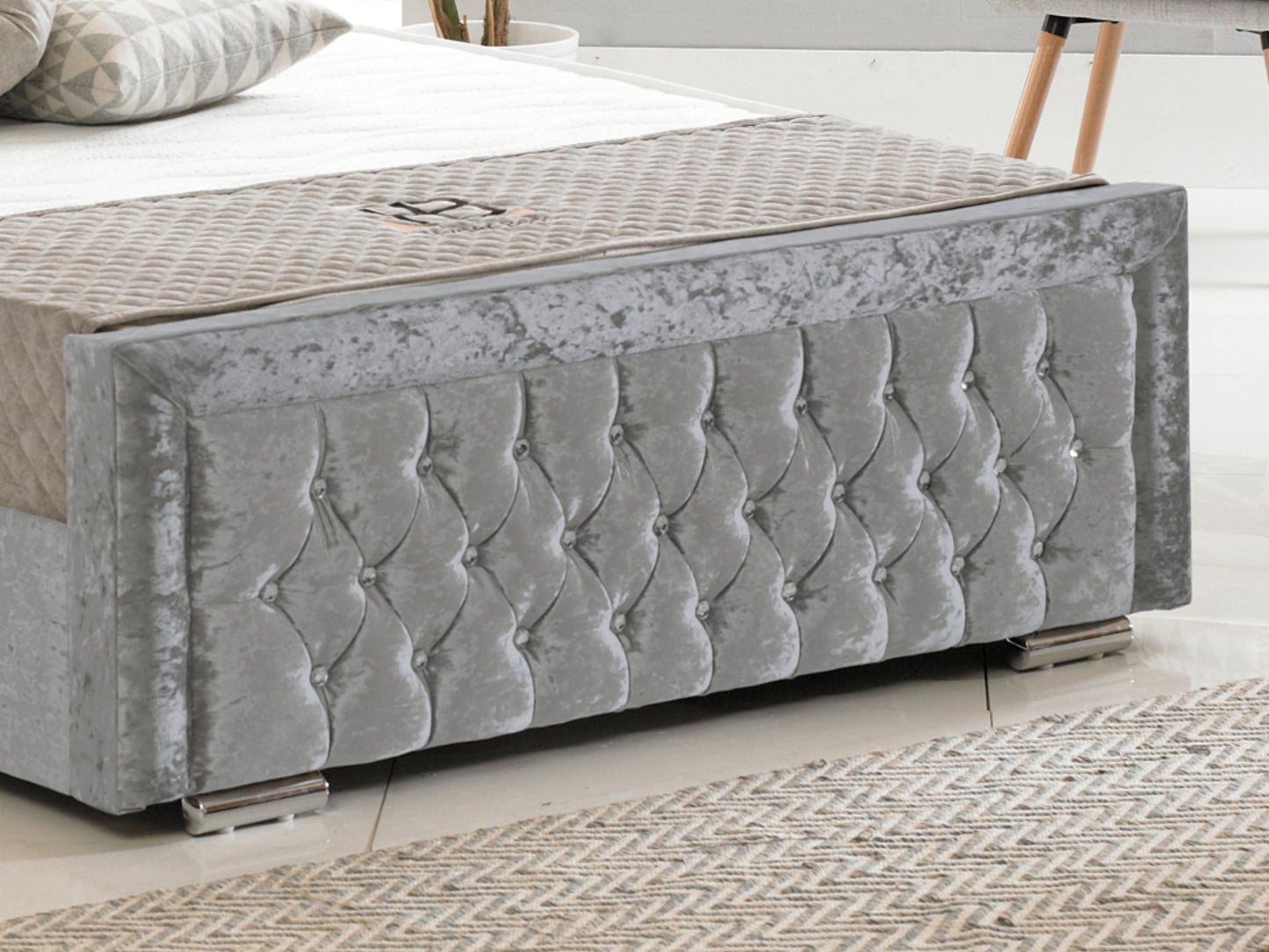 Sandringham Luxury Bed Frame in Crushed Velvet Silver