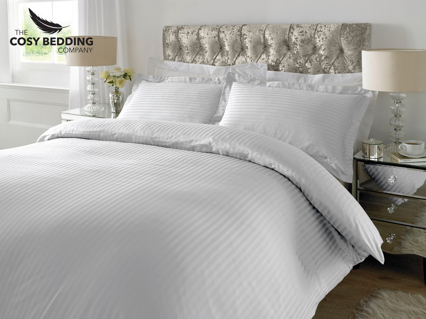 Sateen Stripe Luxury Bedding Set White